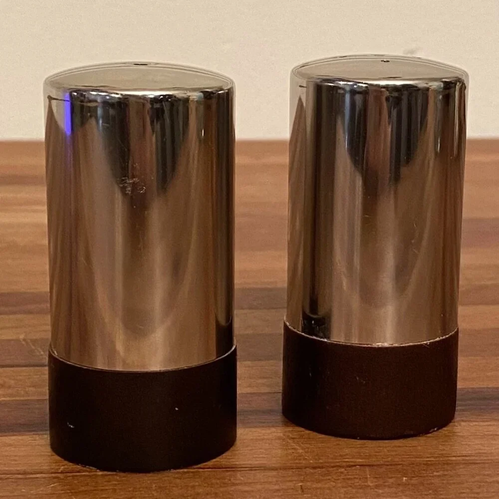 Vintage Salt and Pepper Shakers Set Stainless Steel with Wood Base